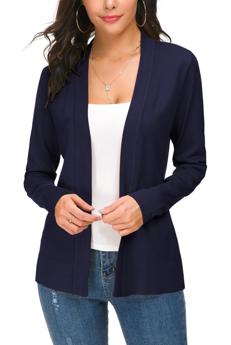 EXCHIC Women's Long Sleeve Open Front Cardigan Sweater Lightweight Casual Knit Sweaters (Navy Blue, Large) - Image 2